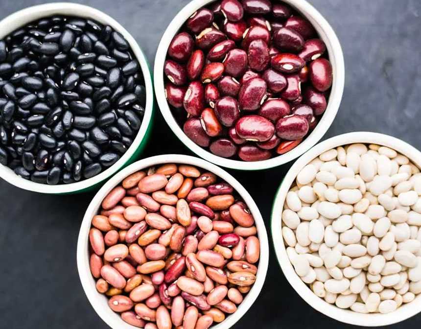 Beans of different colors in 4 containers