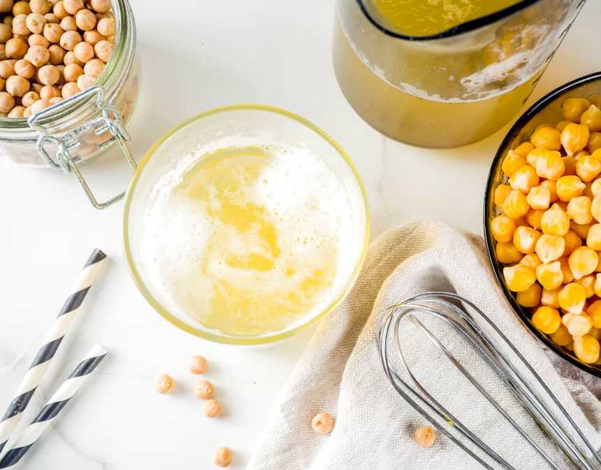 Close up of a glass of aquafaba