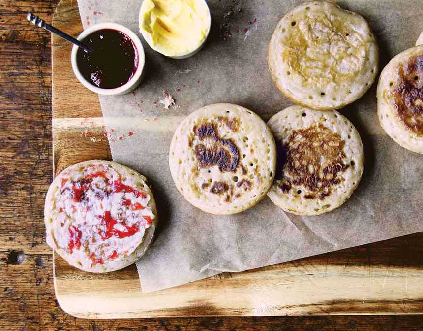 Crumpet breads with jam and butter