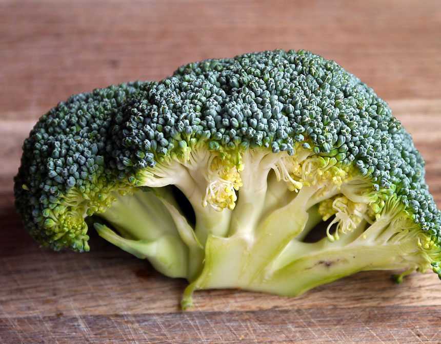 Green broccoli on wooden table