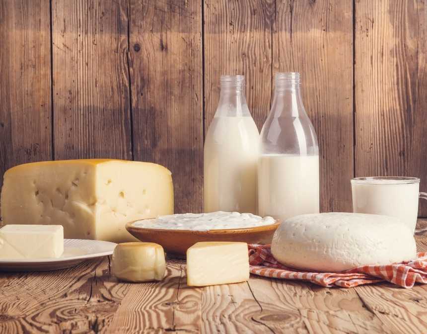 milk and cheese on a table