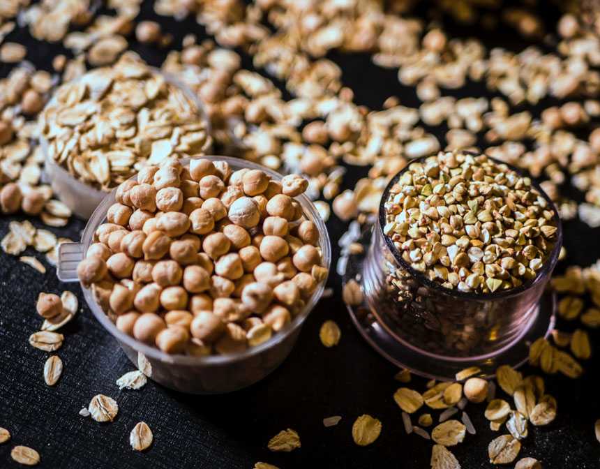 Three bowls of grains