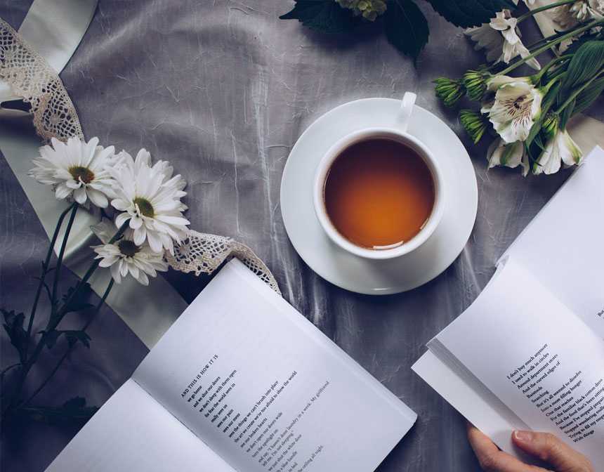 White ceramic teacup near two books above gray floral textile